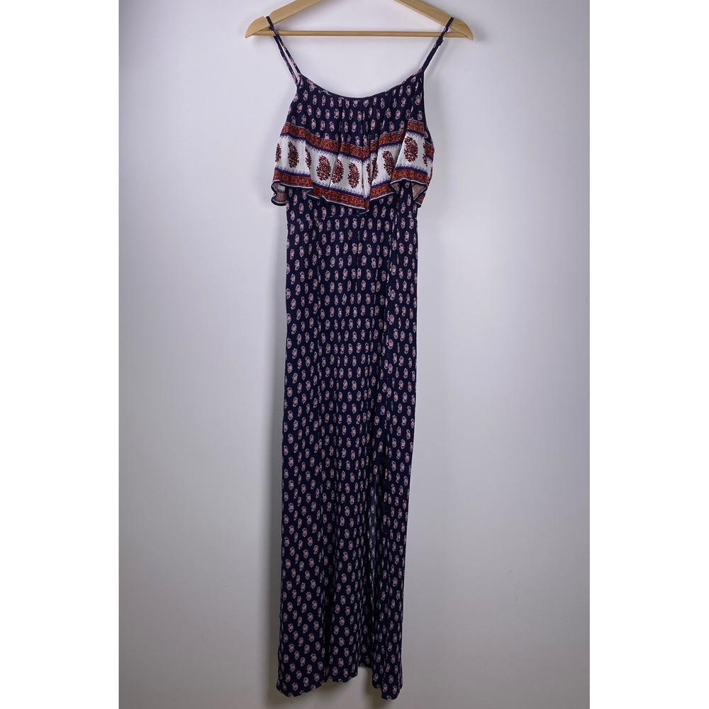 American Eagle Maxi Dress Women Small Navy Blue Paisley Ruffle‎ Boho Festival